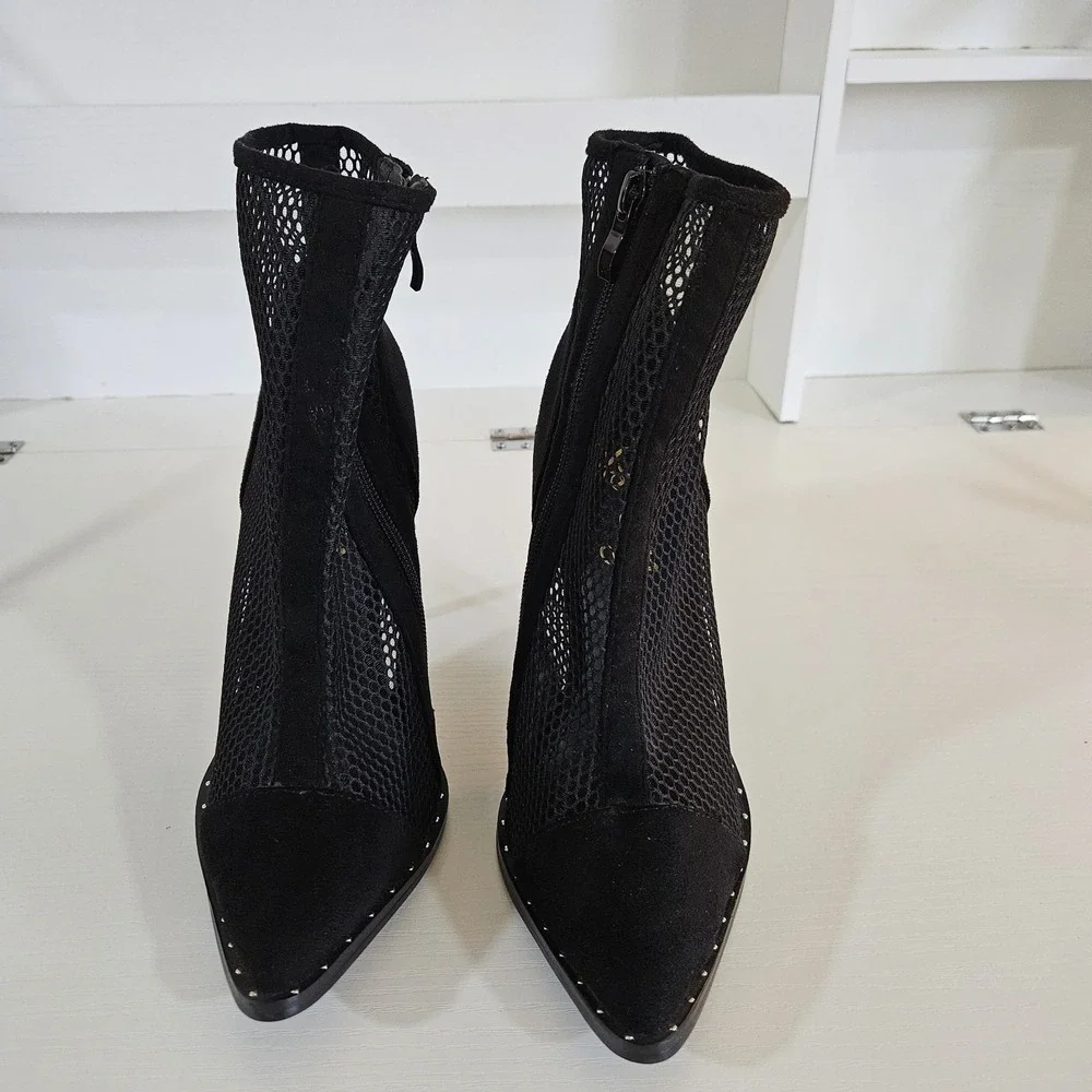 So Me Andrea2 Black Fishnet Mesh Suede Studded Pointed Toe Stiletto Booties 8.5
